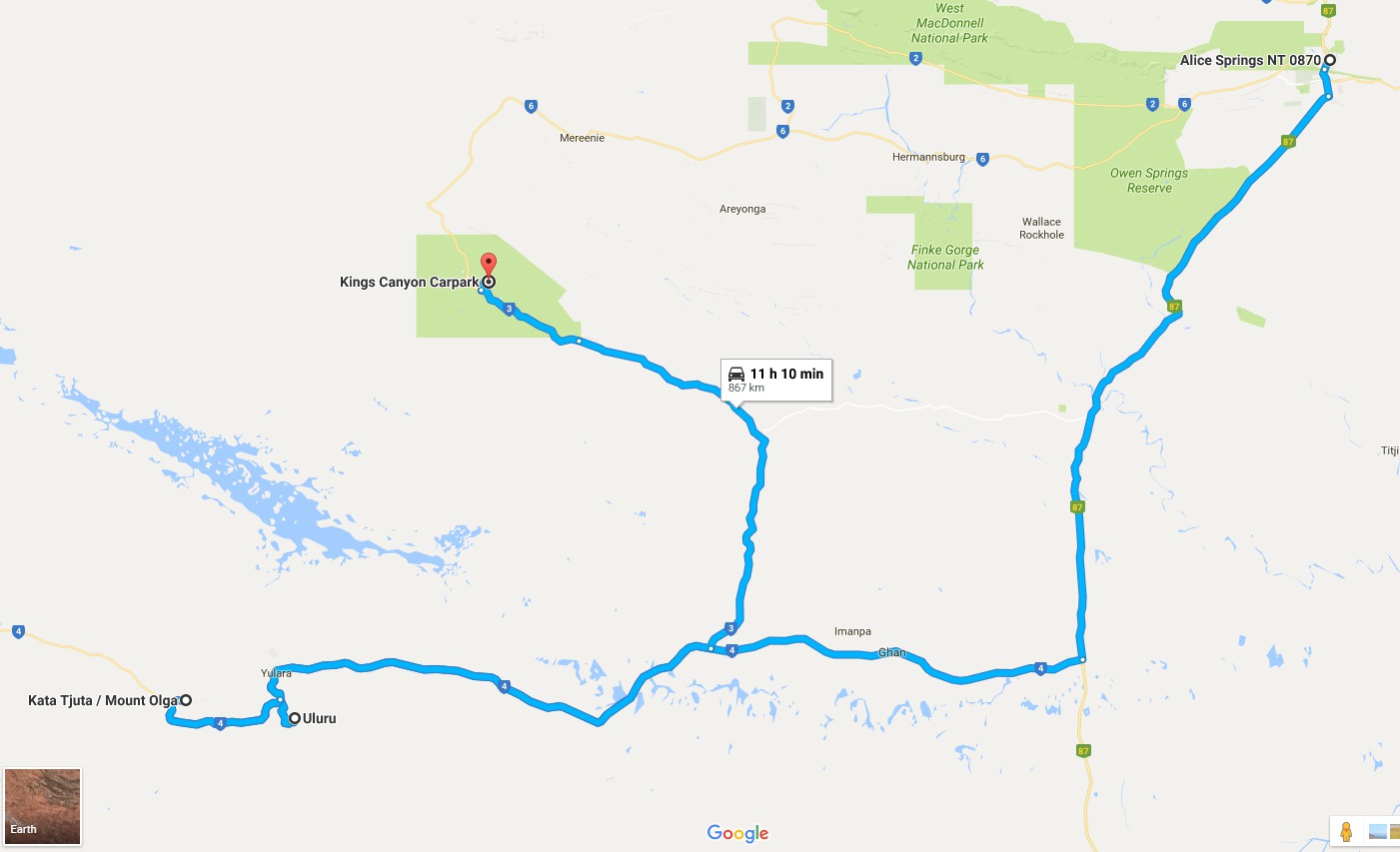Route until the fifth day: Alice Springs - Uluru - Kata Tjuta - Kings Canyon. Click to enlarge.