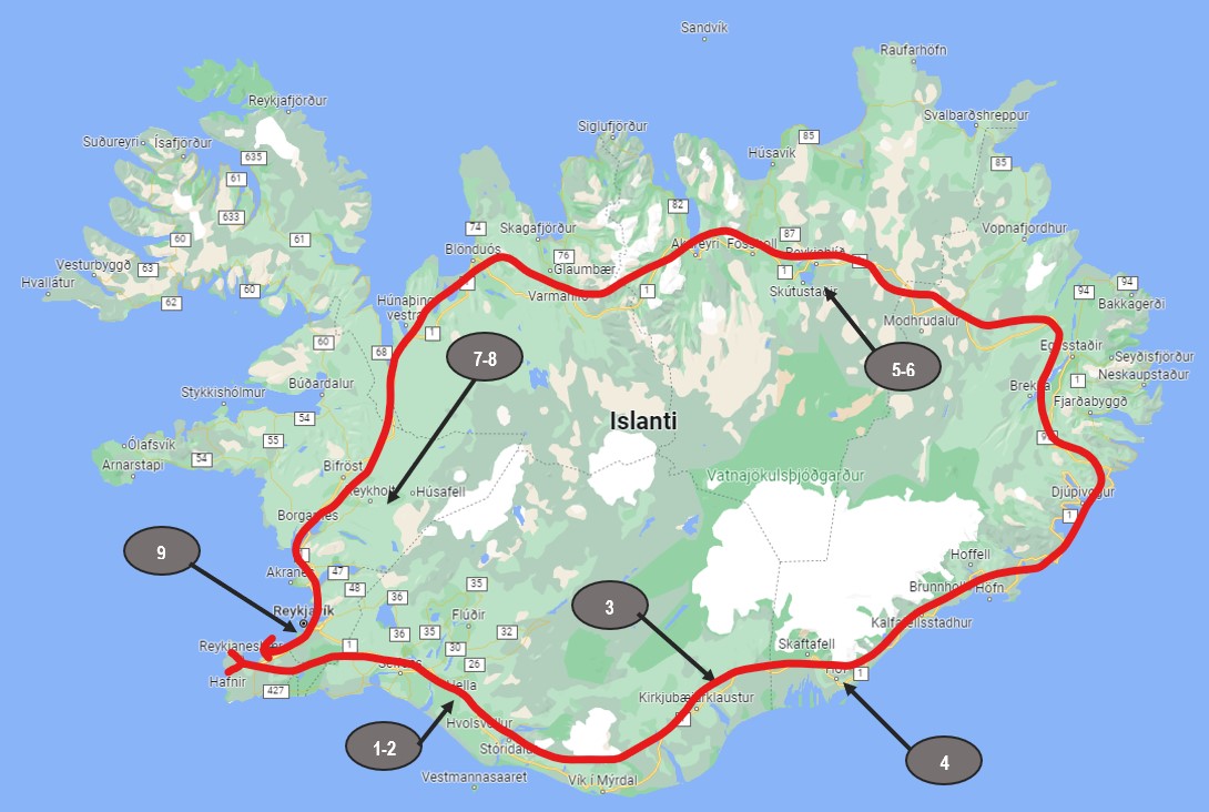Our accommodations on map when going around Iceland in 9 days.