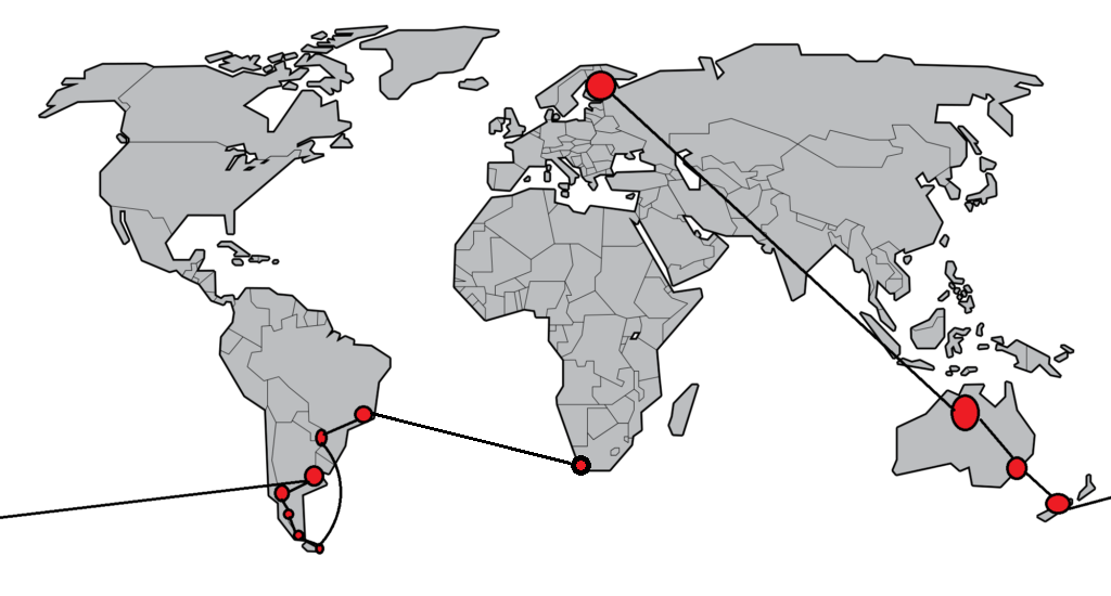 The route of the around the world trip so far. In this blog we are in Cape Town, South Africa.