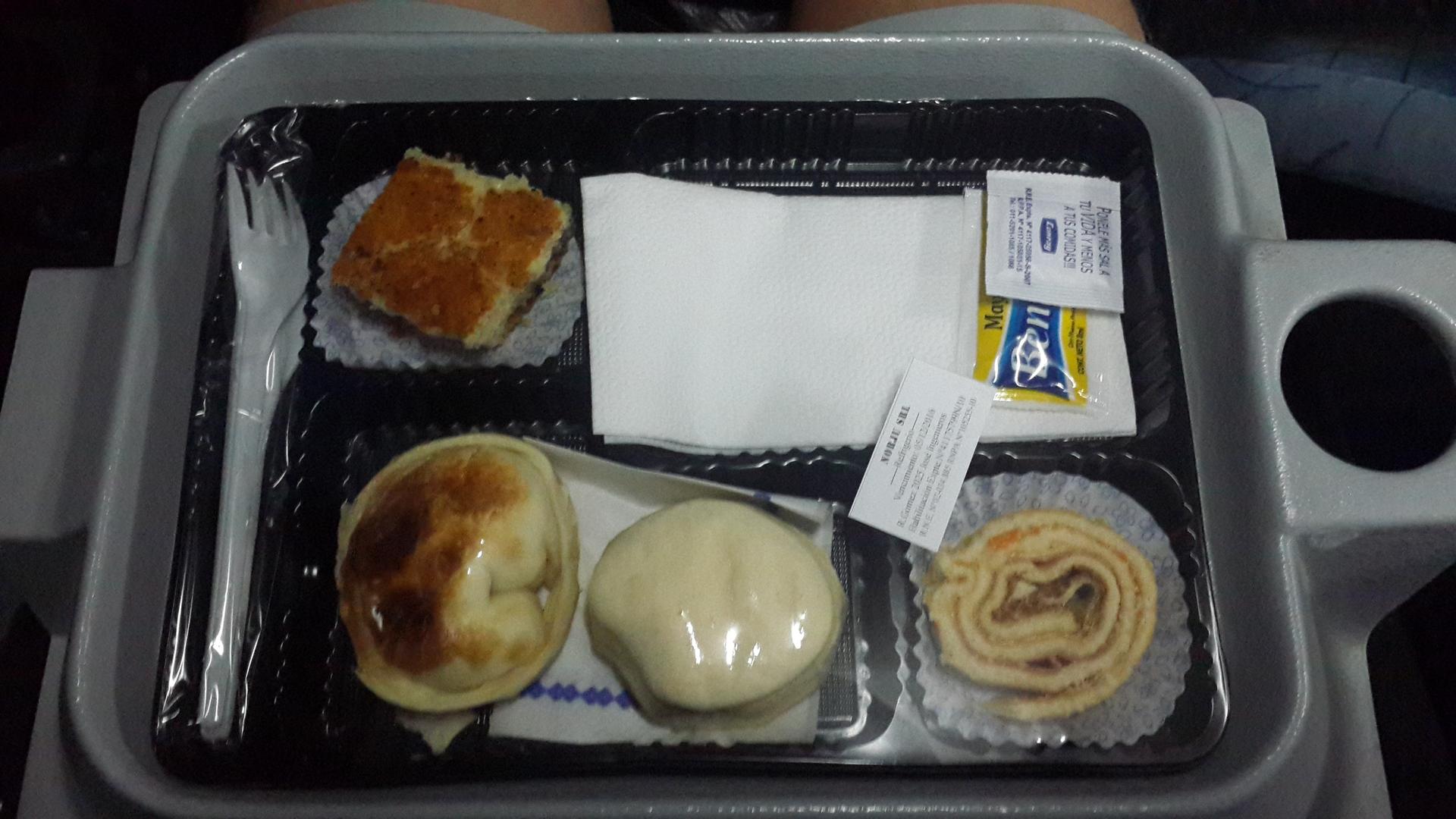 Bus food from Buenos Aires to Bariloche. In Argentina every food was heavily sweatened with sugar. The dinner serverd in the bus was buns and cakes.