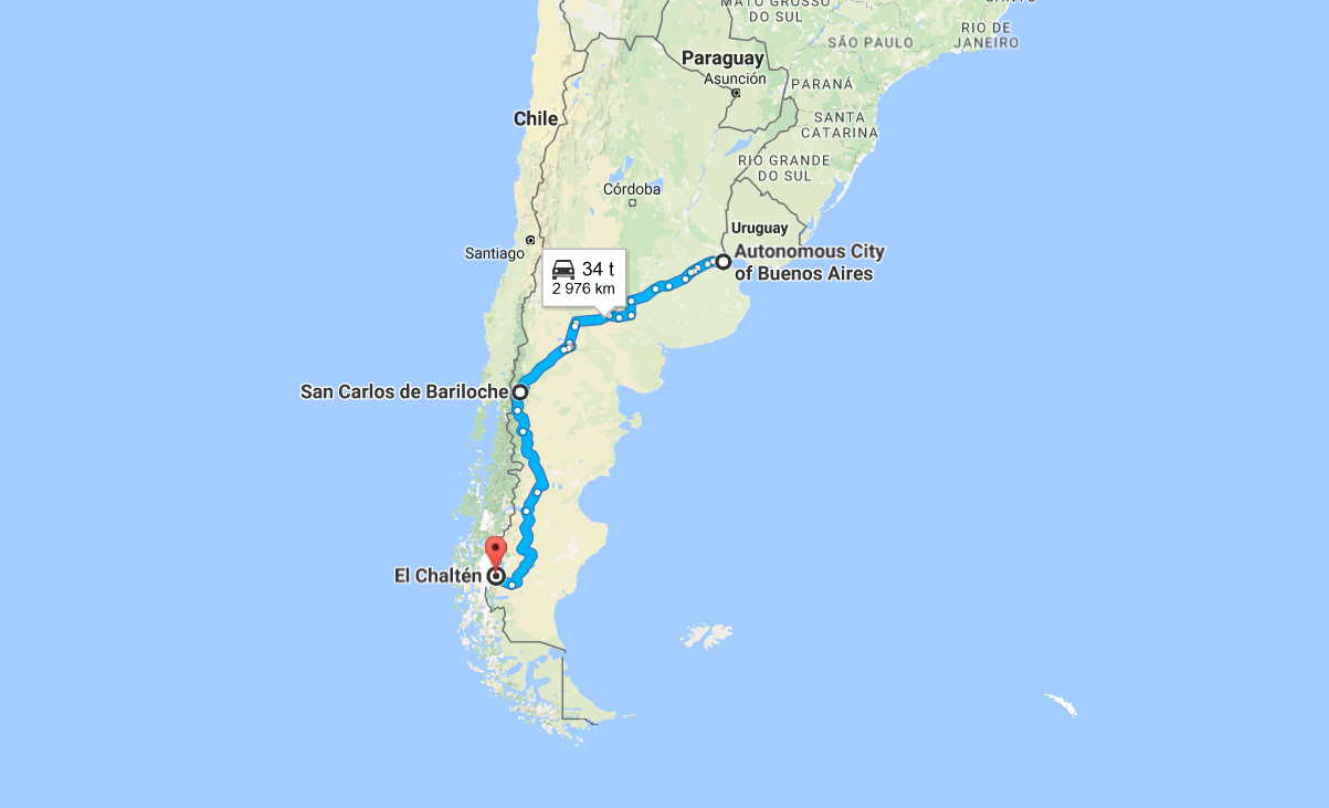 Bussilla Buenos Airesista Barilochen kautta El Chalteniin. Eli tässä jaksossa käsiteltävä reitti.