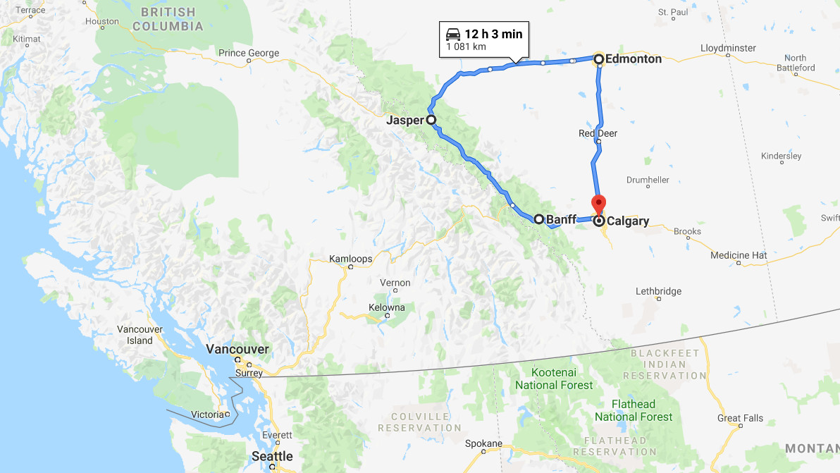 Reitti karkeasti kartalla: Calgary-Banff-Jasper-Edmonton-Calgary.