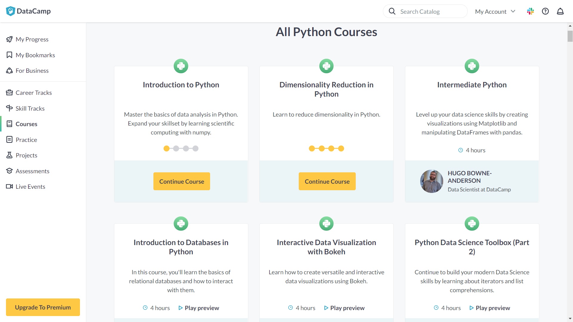 DataCampin kurssien aloitusnäkymä. Listaukseen suodatettu vain Python-kurssit.