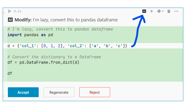 Datalore AI assistant converts dictionary to Pandas DataFrame.