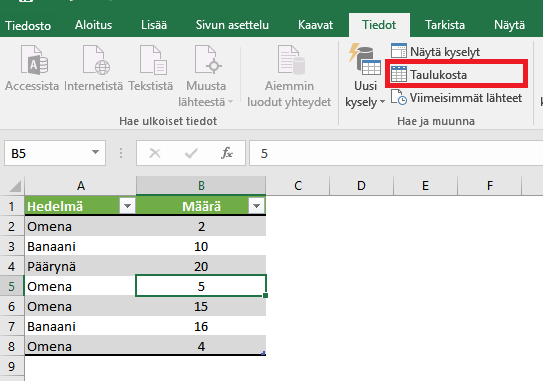 Excel 2016 Hae ja muunna taulukosta