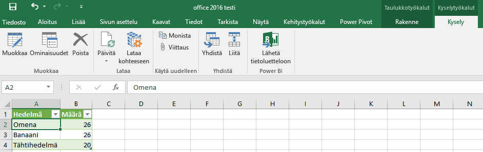 Excel 2016 Kyselytyökalut
