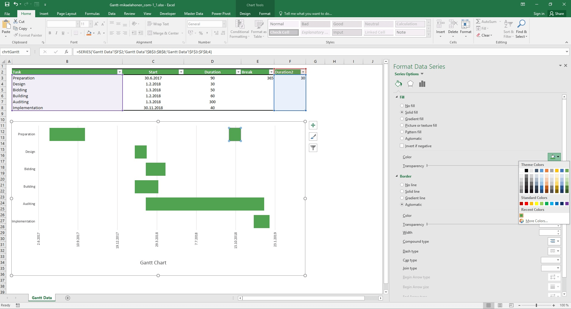 Excel Gantt-kaavion värien valitseminen tauolle.