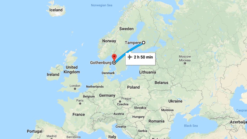 En mellanlanding behövs när du flyger från Tammerfors, Finland till Göteborg, Sverige.