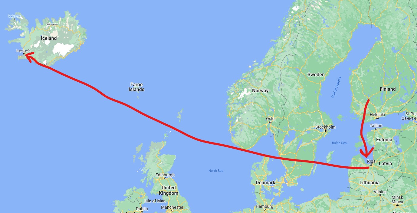 Original flight plan from Tampere (Finland) to Reykjavik (Iceland).