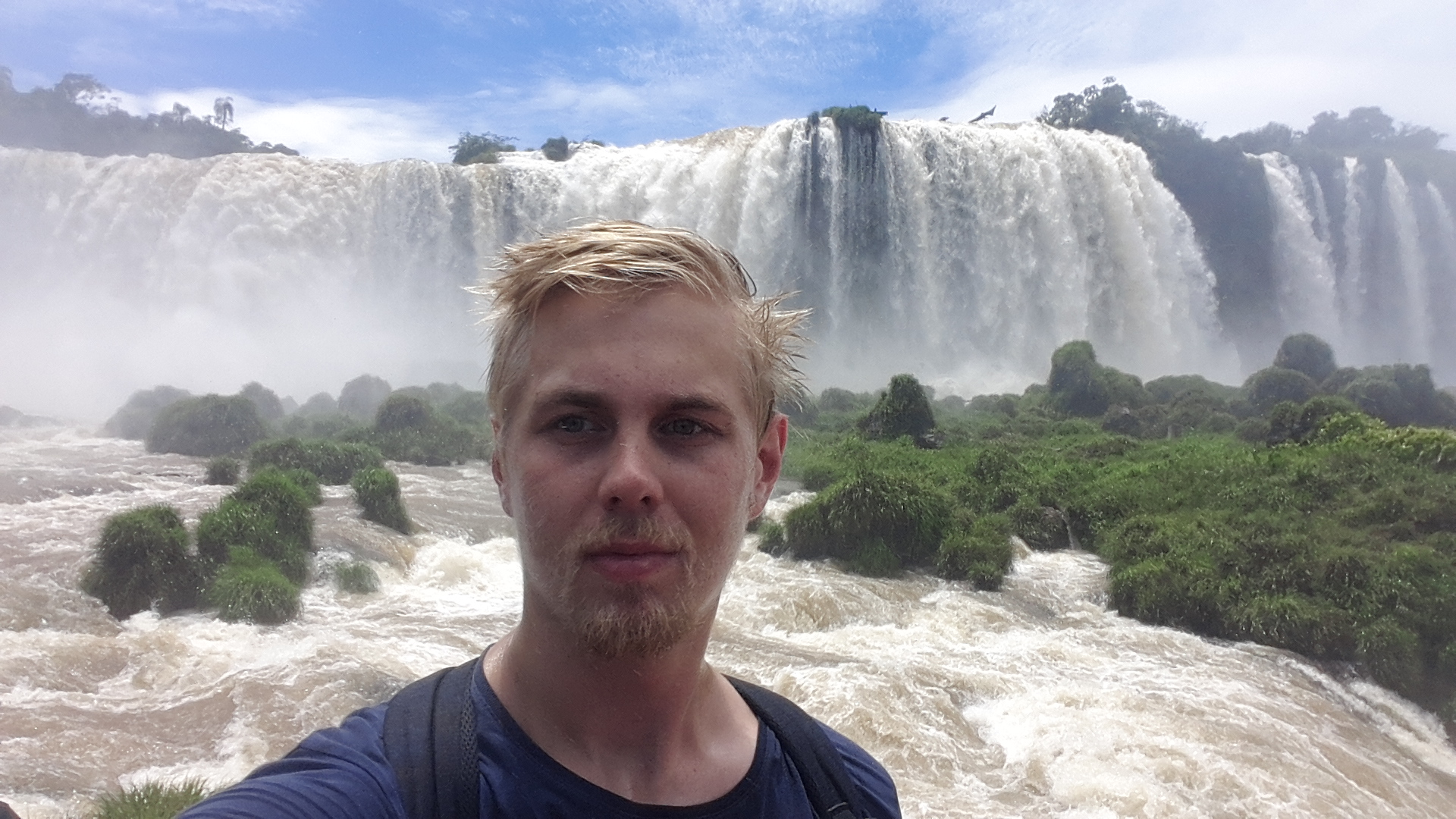 Selfie, Iguazu falls, Brazil. At this stage falling water and wind made conditions very wet.