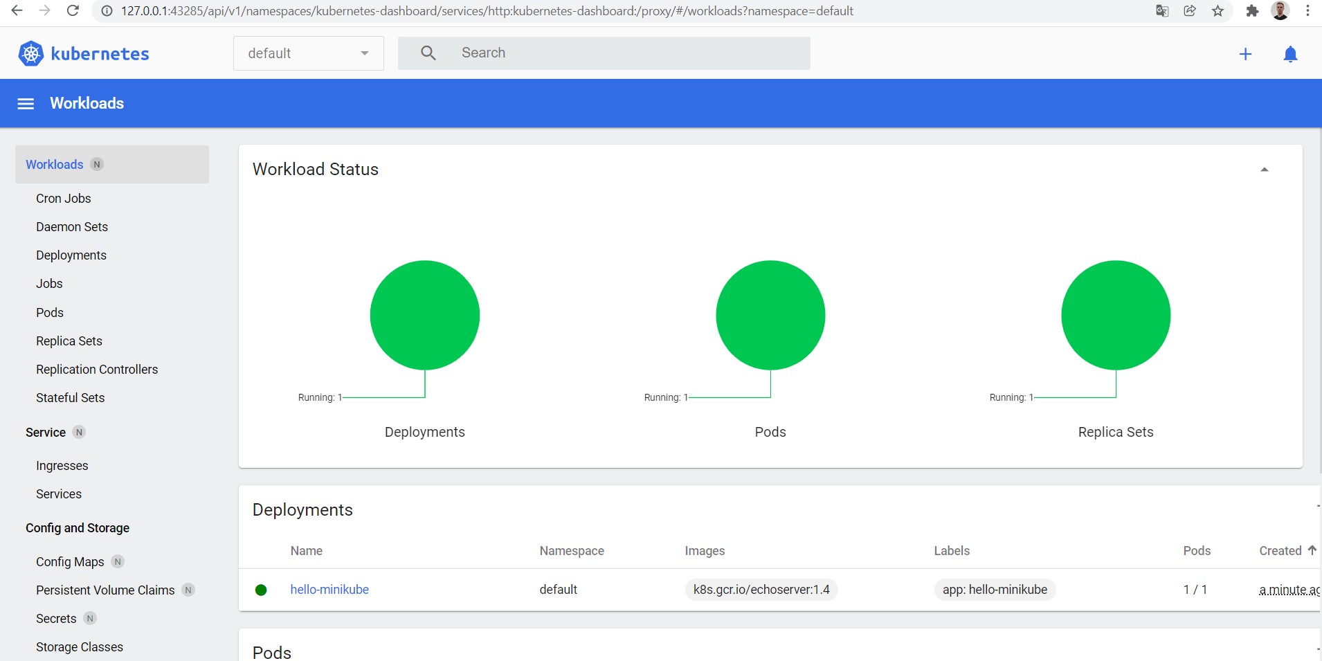 Kubernetes dashboard showing 1 deployment and pod.