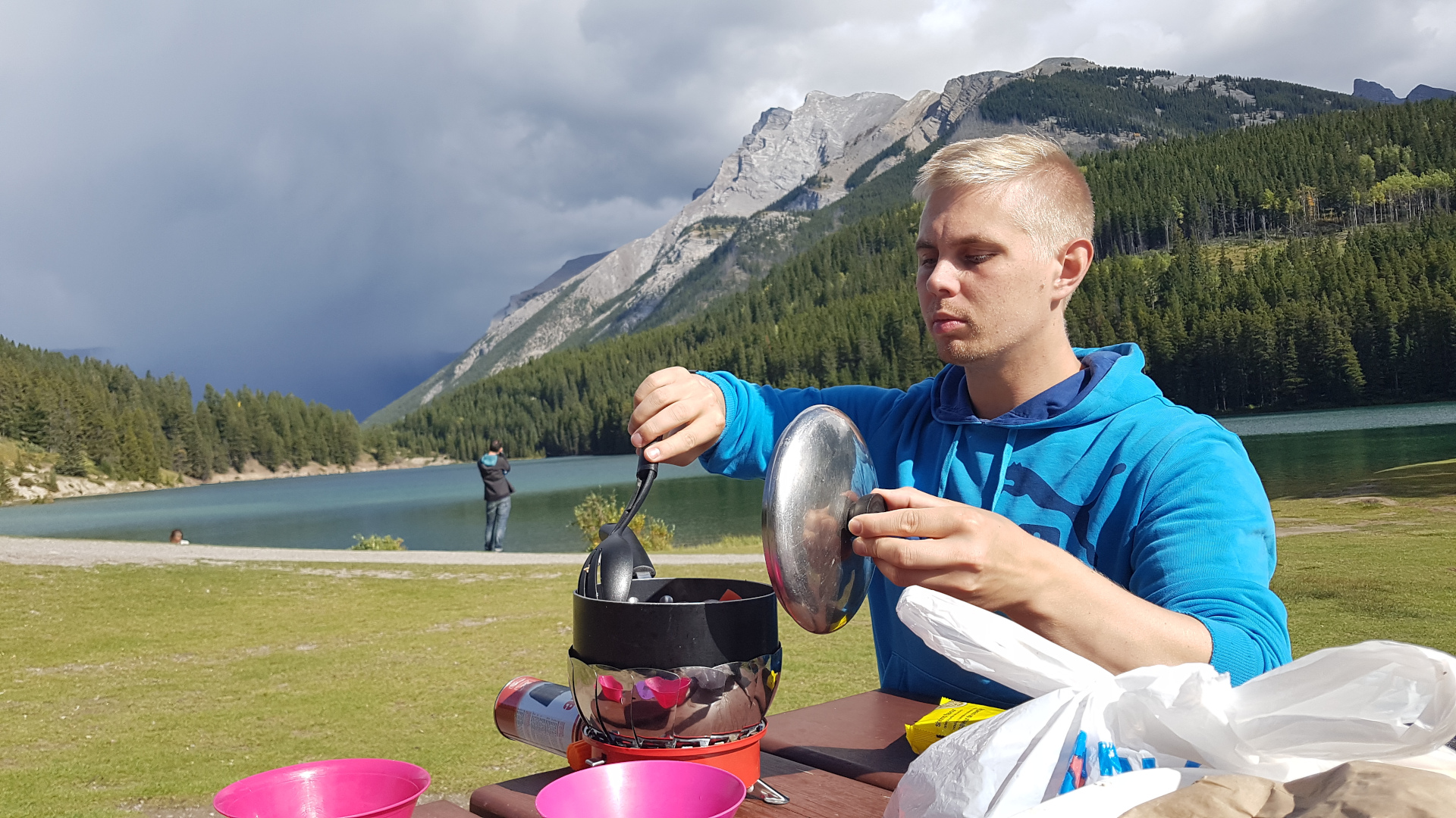 Cooking at a rest place of Minnewanka lake. Banff national park, Alberta, Canada.