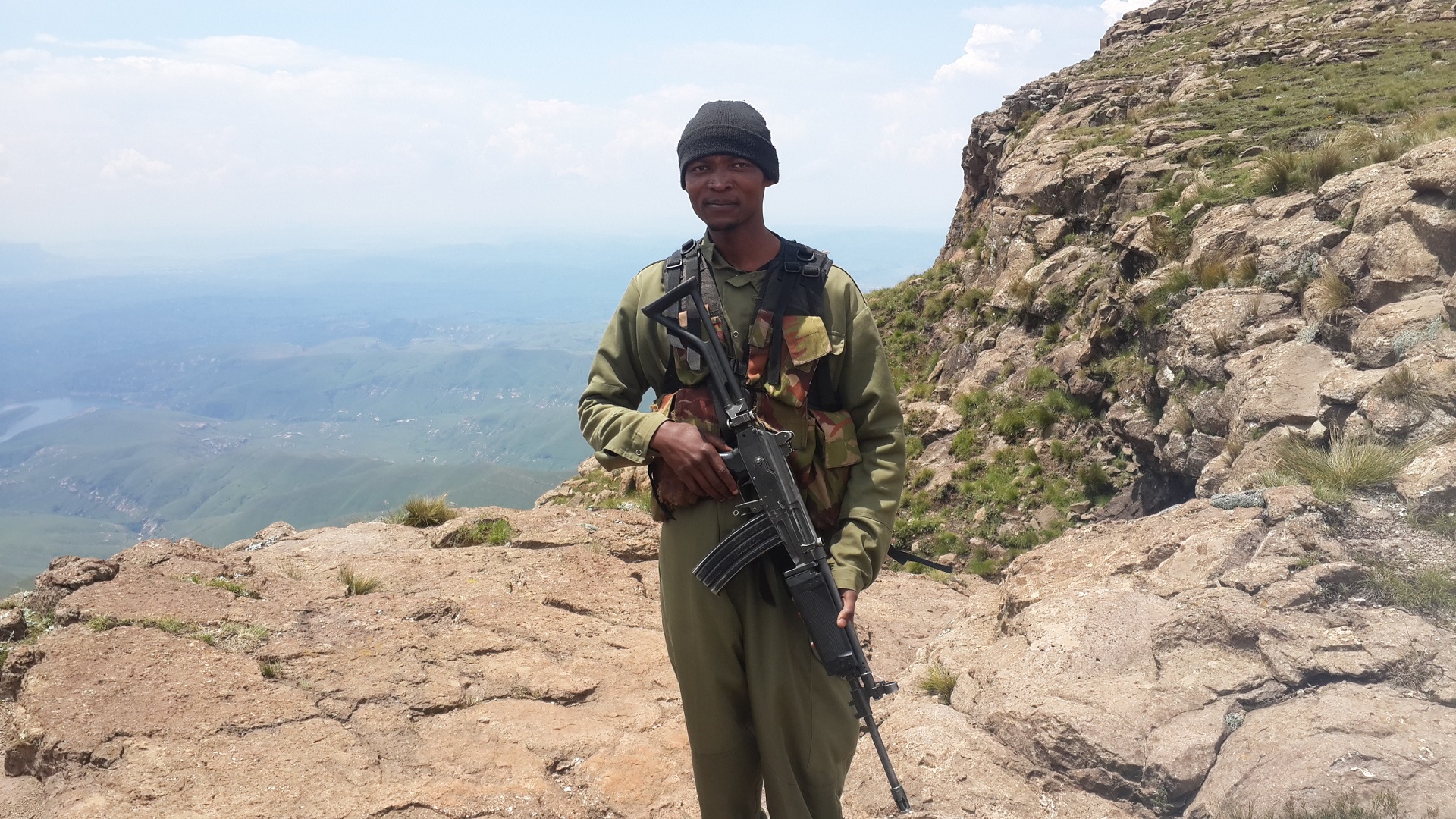 A guard from Lesotho on duty at the plateau. At least the safety catch seems to be on.