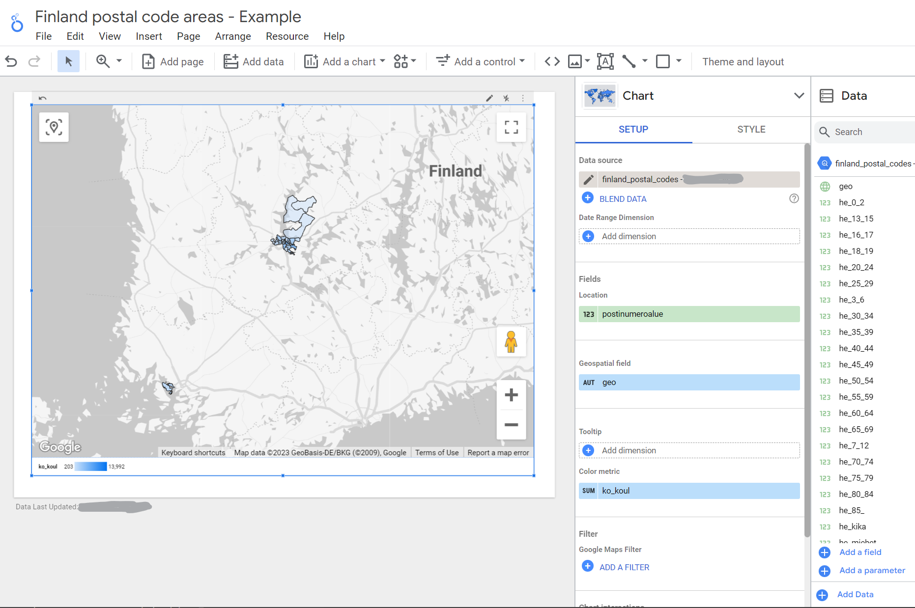 Example data for Finnish postal codes in Looker Studio's Filled map visualization.