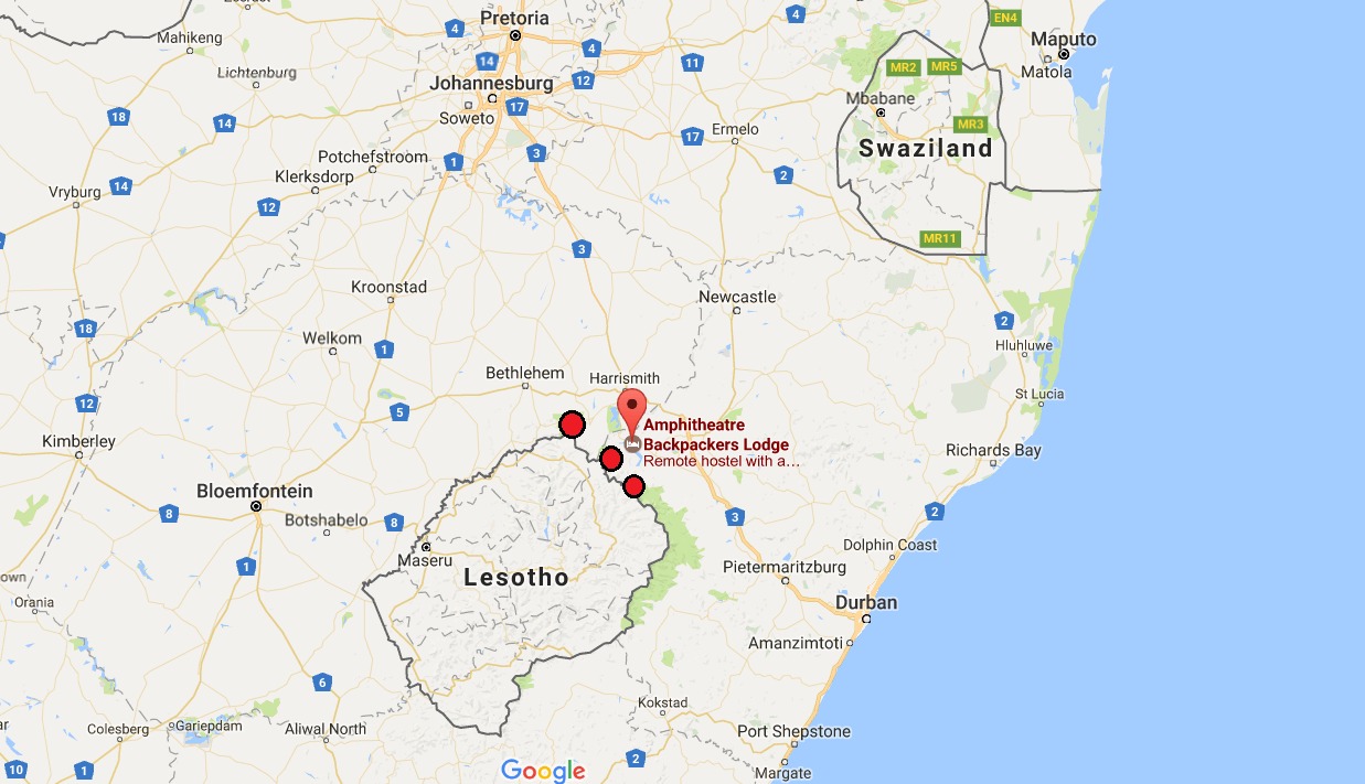 All of the last excursion were about two hours away from hostel which is the pin in the map. The red dots are in the same order from left than the chapters in this blog: Lesotho, Amphitheatre Peak and Cathedral Peak.