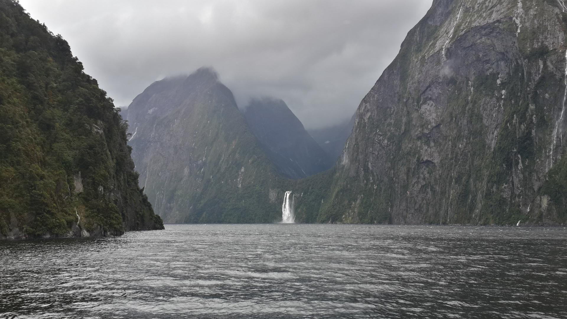 Milford Sound, New Zealand. The bus + boat tour from Te Anau was 100$ or 70€. Maybe it was the weather but the tour wasn't as mind blowing as I expected.