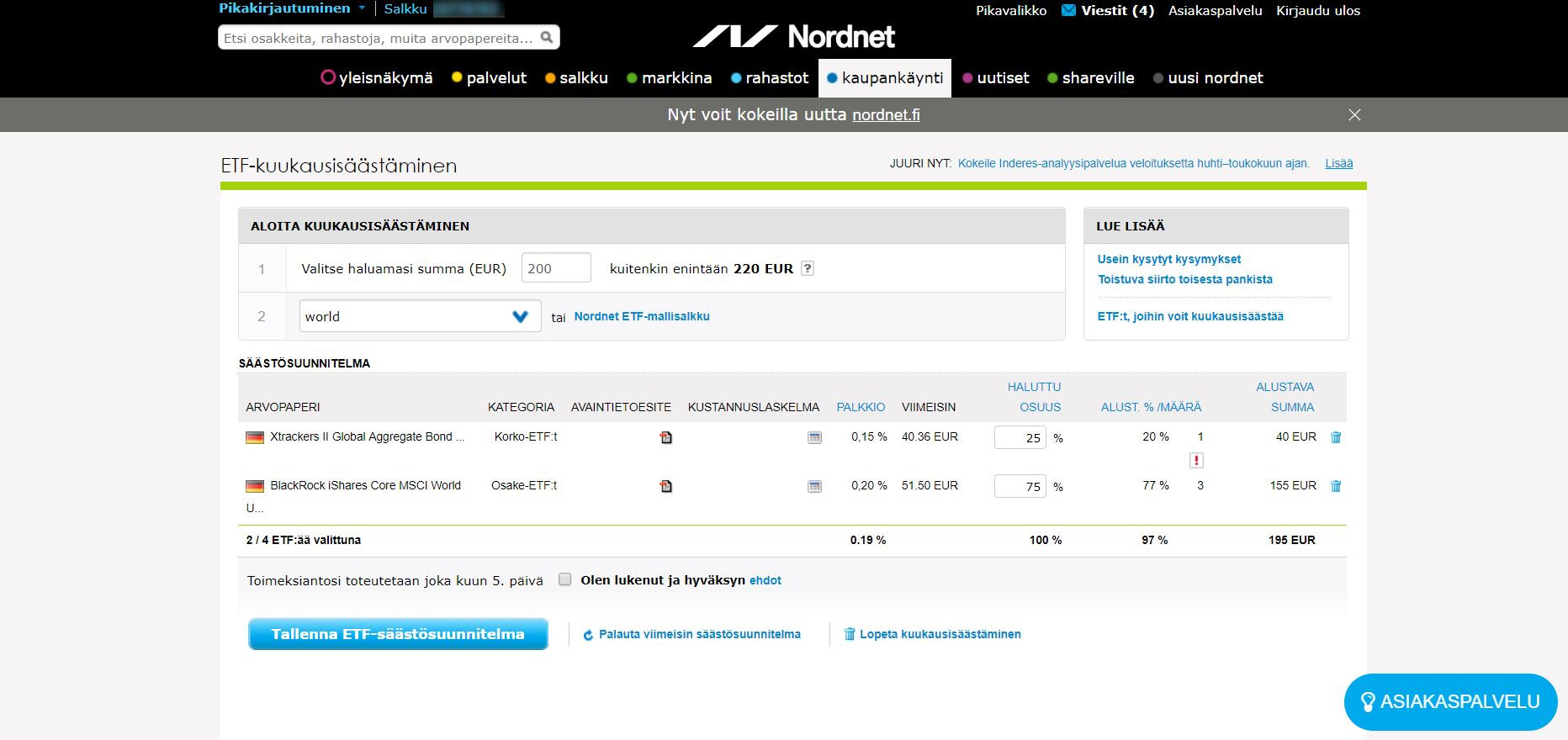 Nordnetin ETF-kuukausisäästämisen näkymä, joka on nykyisin hieman uudistunut.