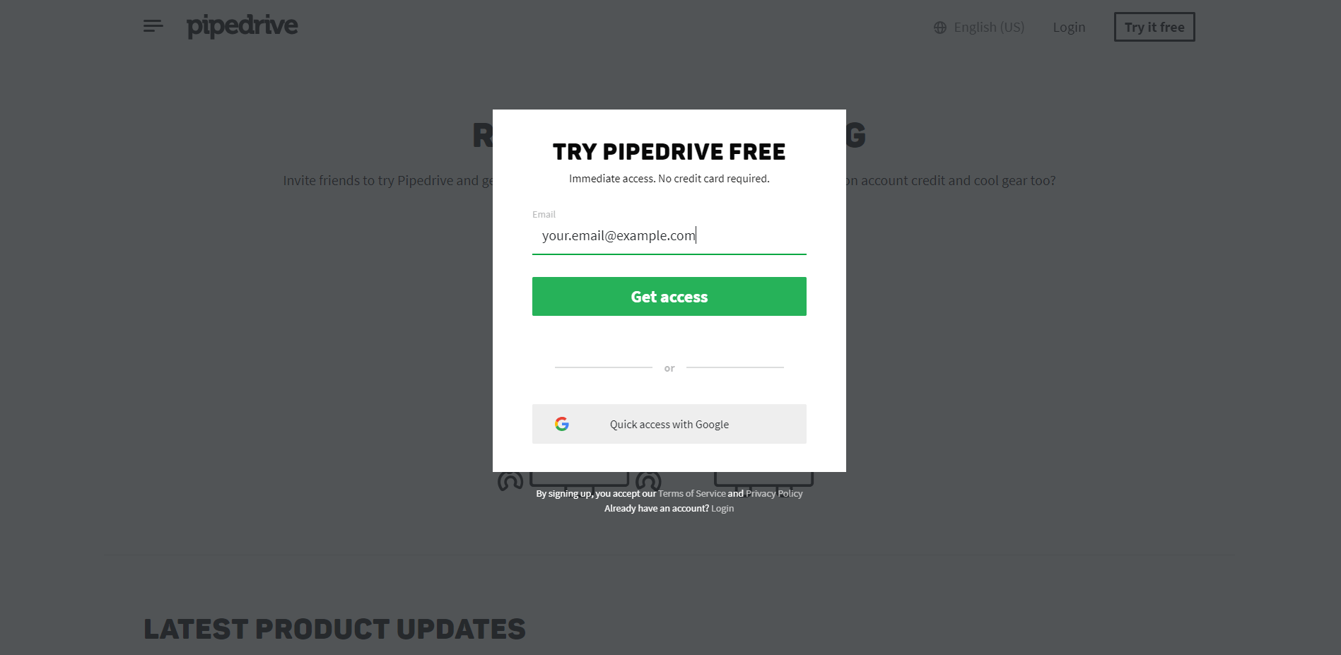 2. Enter an email address for your new Pipedrive account and click 'Get access'. The email can be changed later.