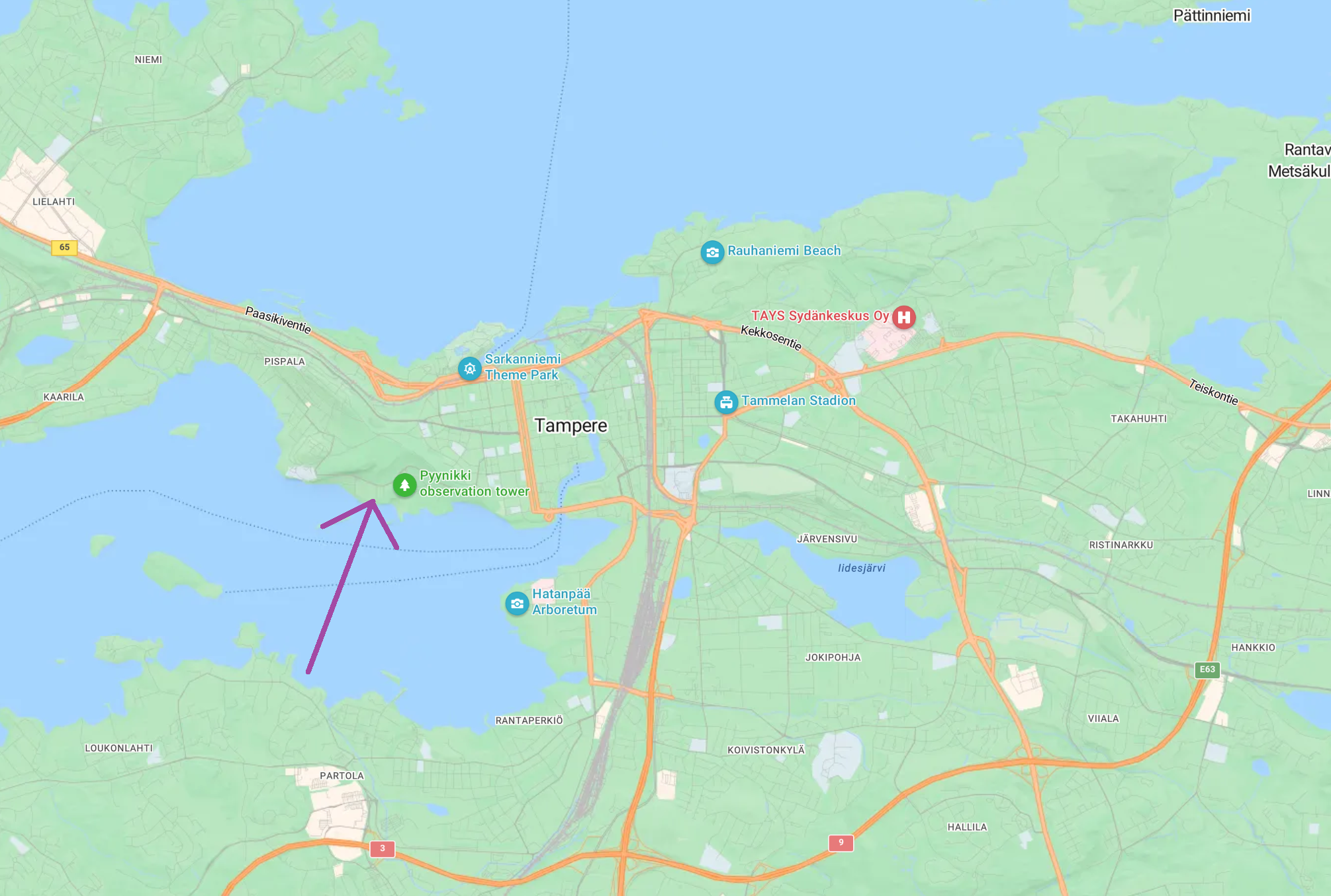 Unity's offices are located at the point indicated by the purple arrow on the shore of lake Pyhäjärvi.