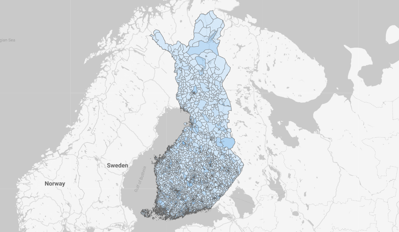 Kaikki Suomen postinumeroalueet Google Looker Studiolla visualisoituna.