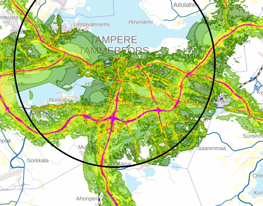 Kuvakaappaus Väyläviraston melukartasta. Kuvakaappaus Väyläviraston melukartasta.