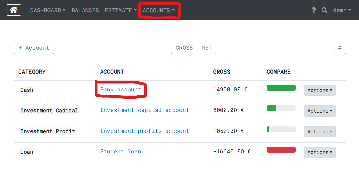List of accounts in the wealth management application.